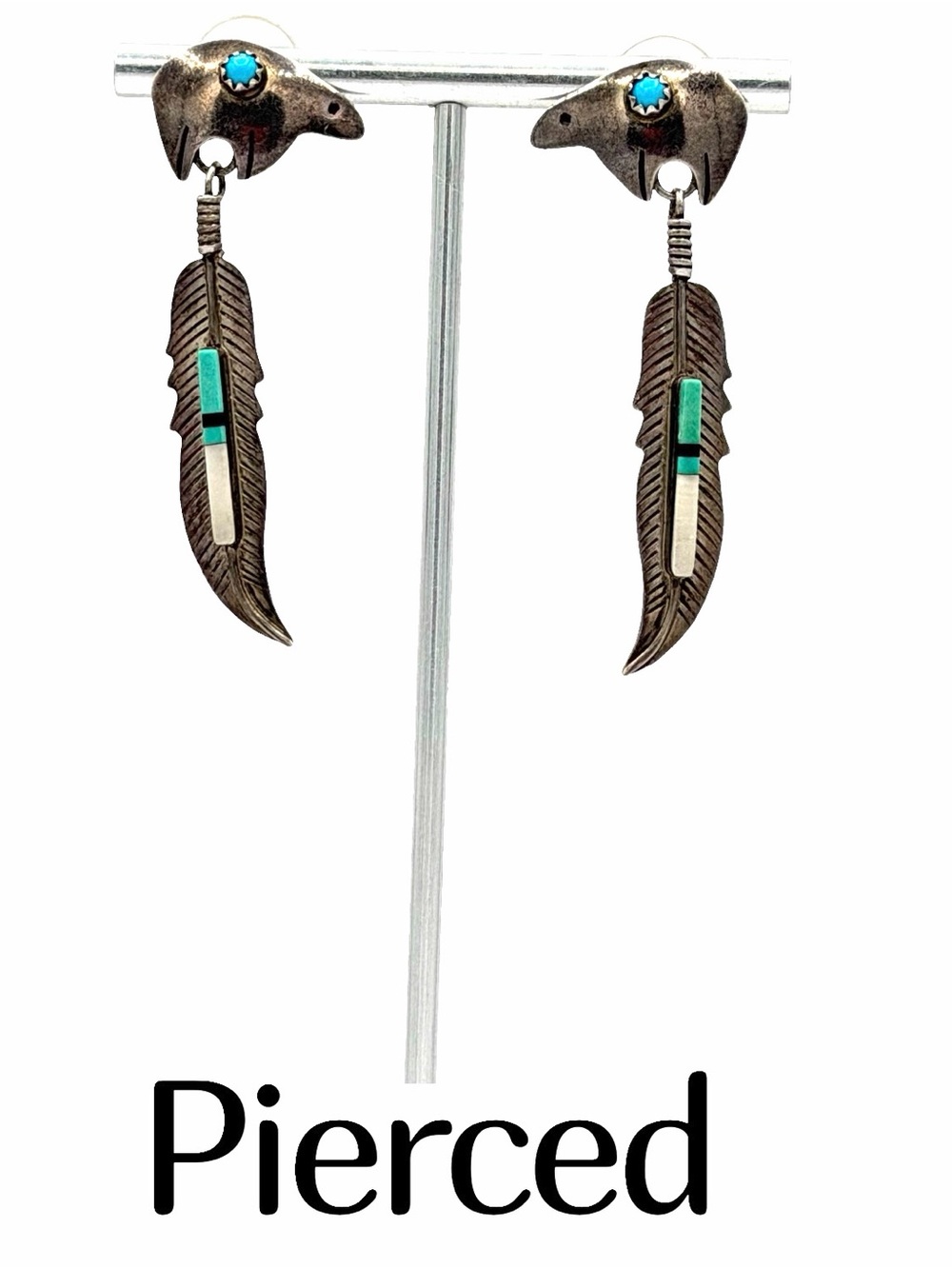 Native American Navajo Sterling Turquoise Mosaic Stone Feather Bear Earrings